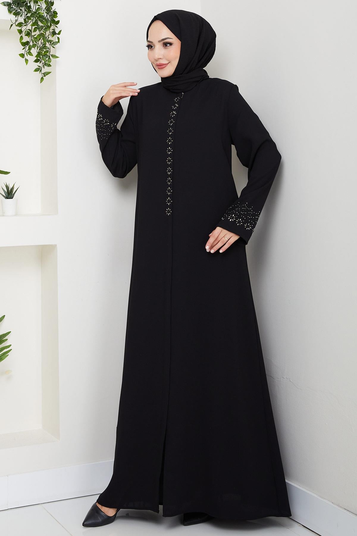 Gizli Patlı Çiçek Taşlı Ferace Siyah HM2859