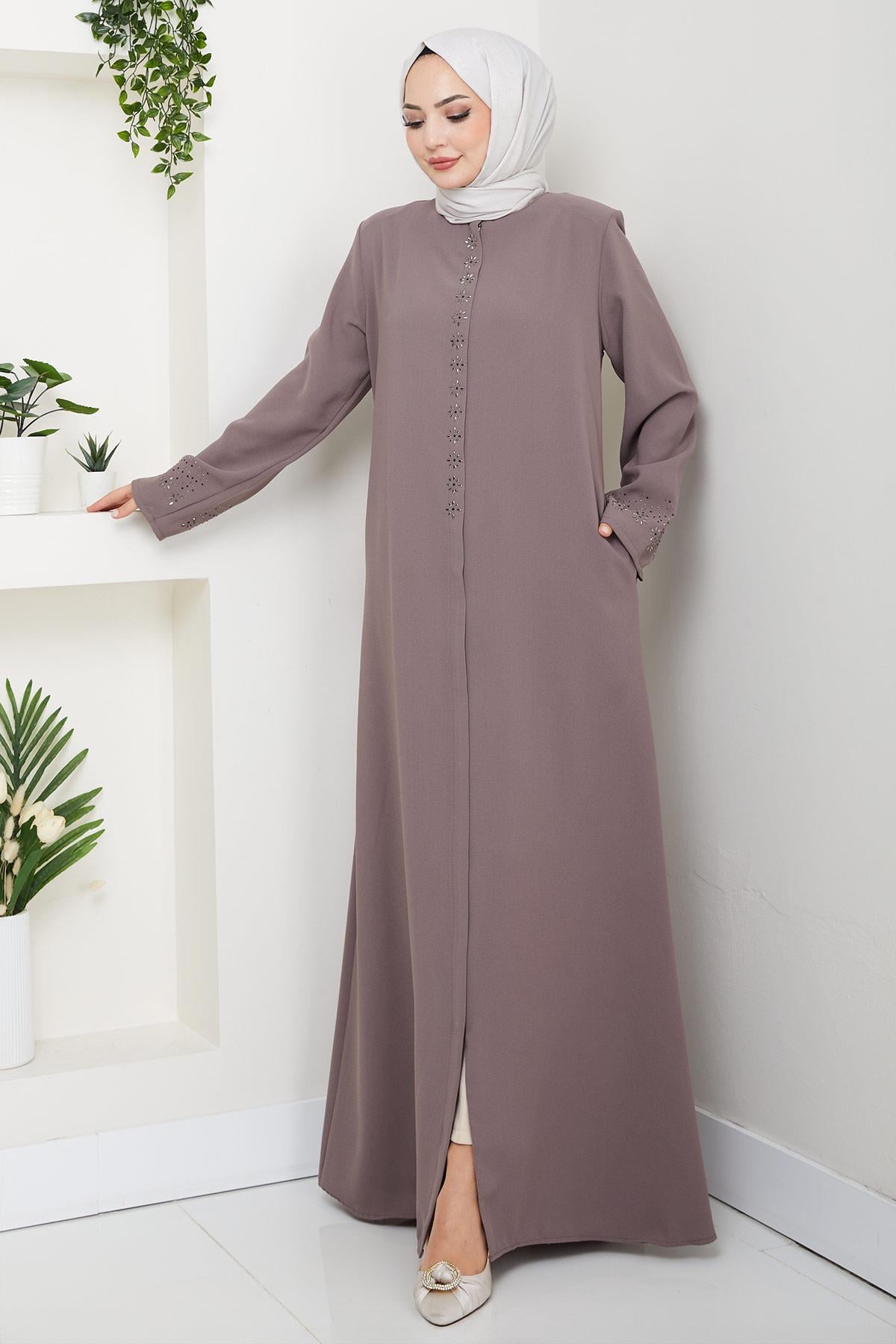 Gizli Patlı Çiçek Taşlı Ferace Vizon HM2859