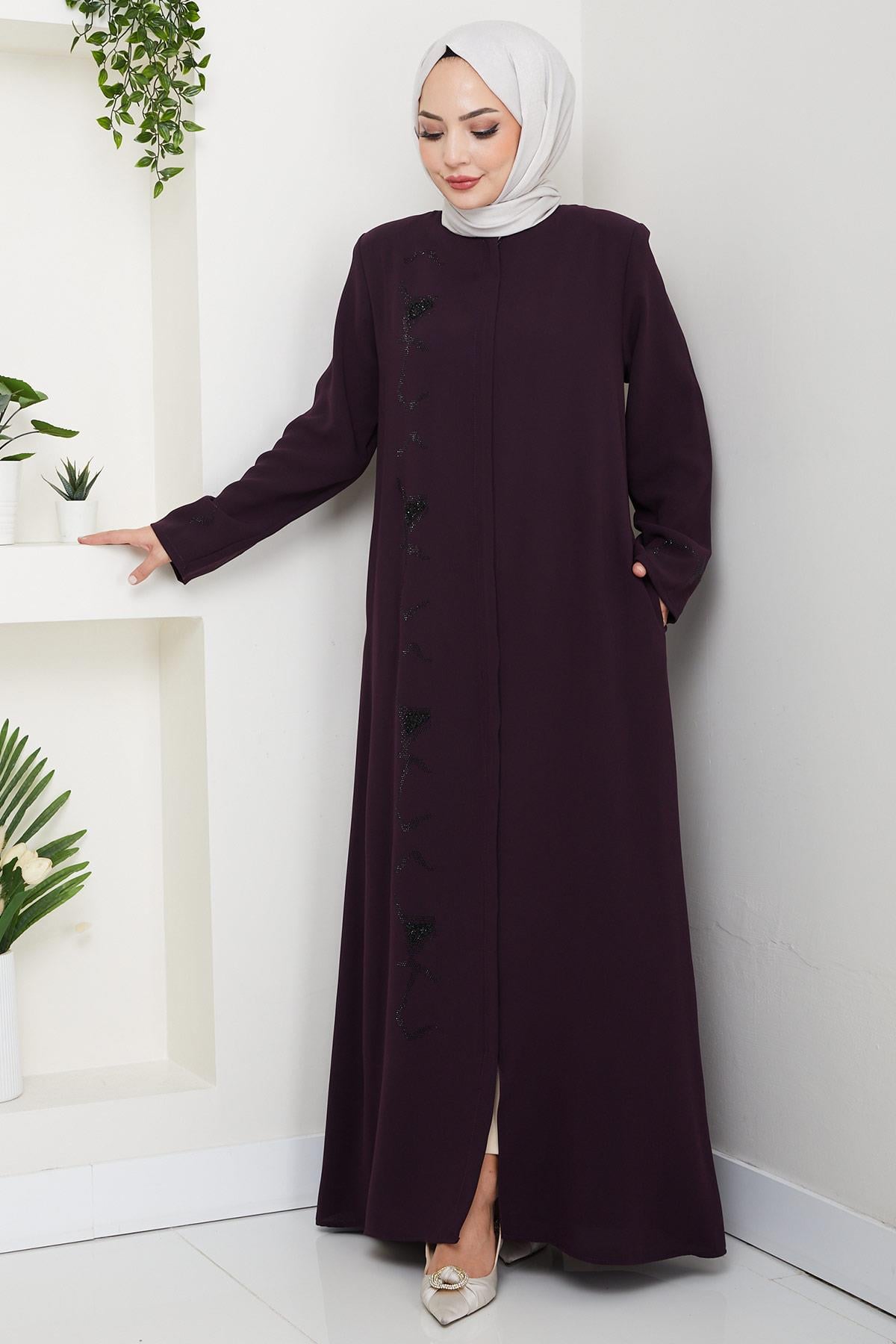 Gizli Patlı Taşlı Ferace Mürdüm HM2851