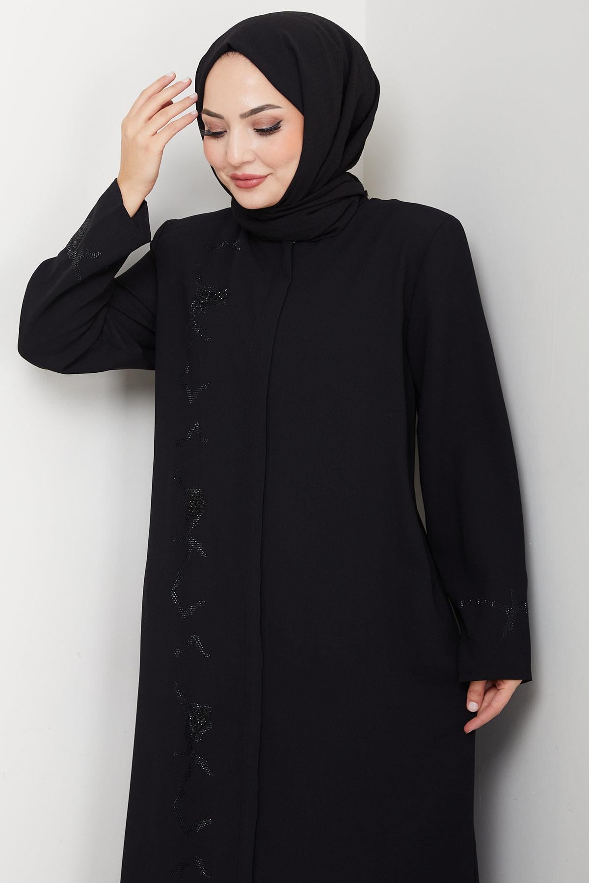 Gizli Patlı Taşlı Ferace Siyah HM2851