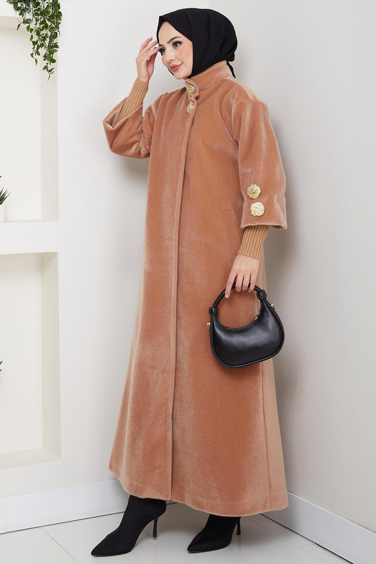 Gold Düğmeli Tam Boy Kaban Camel HM2864