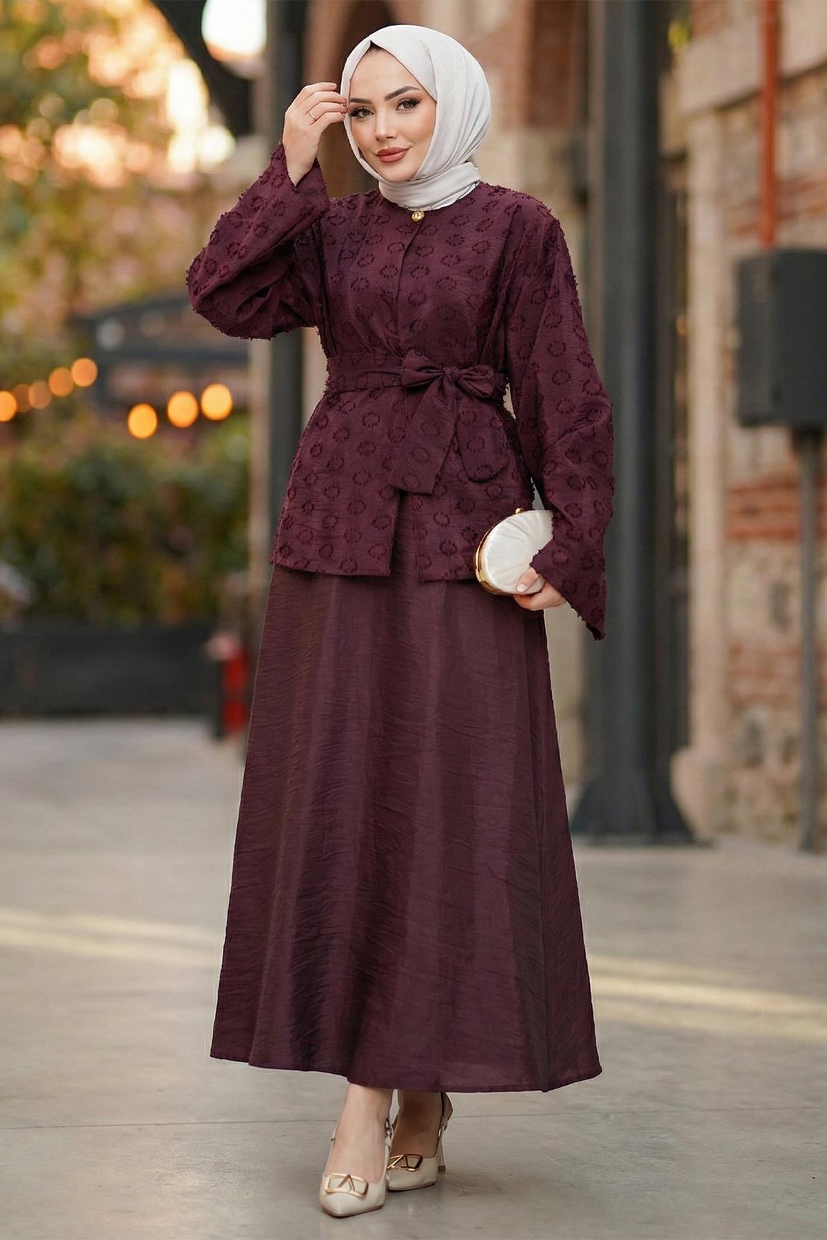 Halka Desen Kabartmalı İkili Takım Bordo HM2881