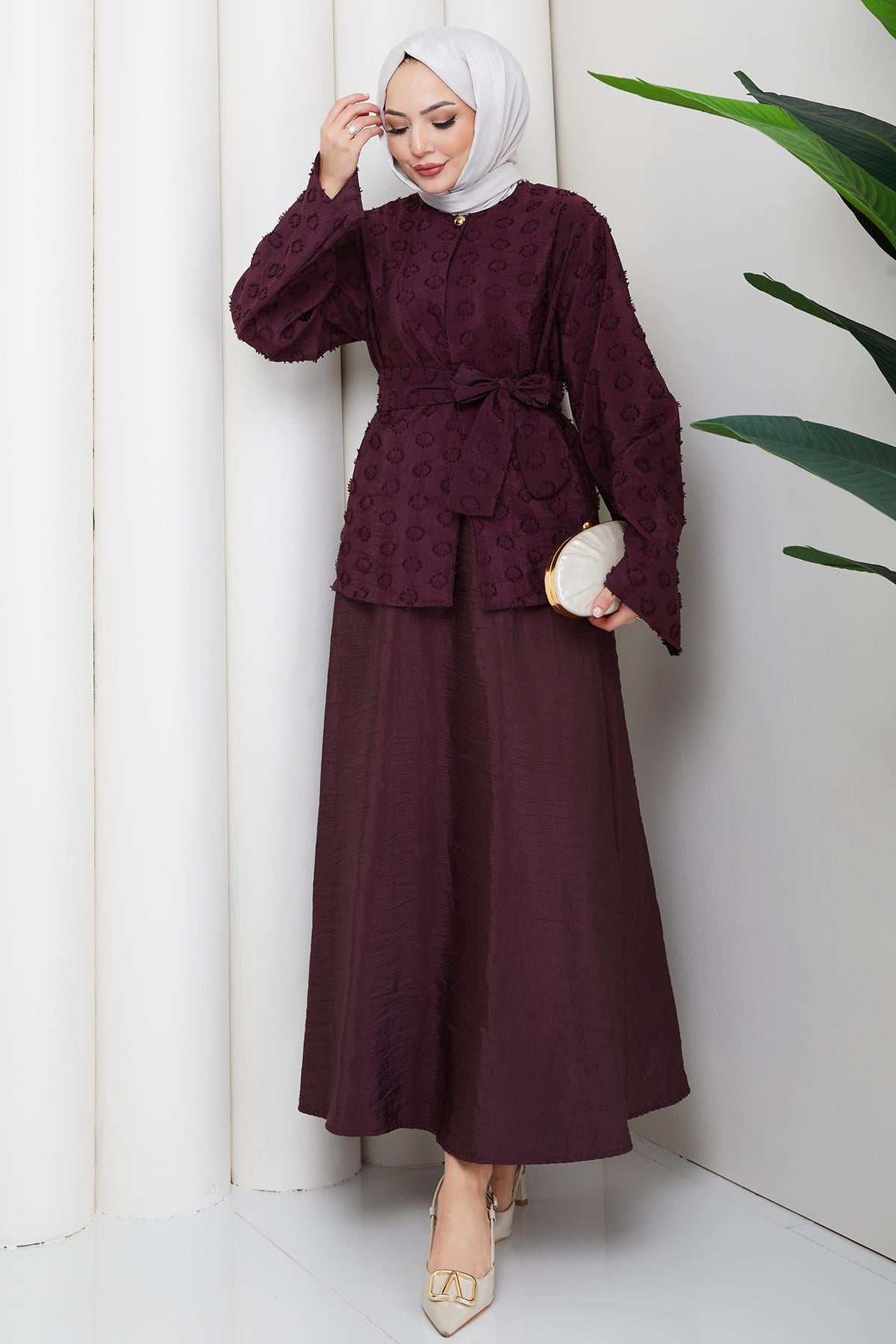 Halka Desen Kabartmalı İkili Takım Bordo HM2881