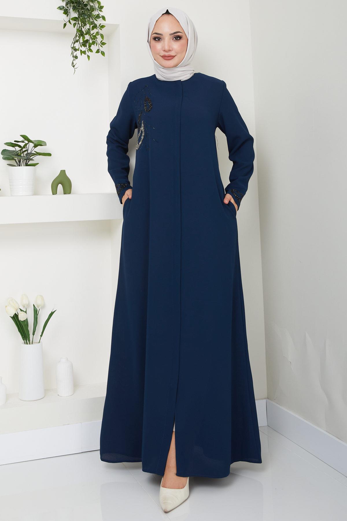 Hüma Taş Detaylı Ferace Lacivert HM2479