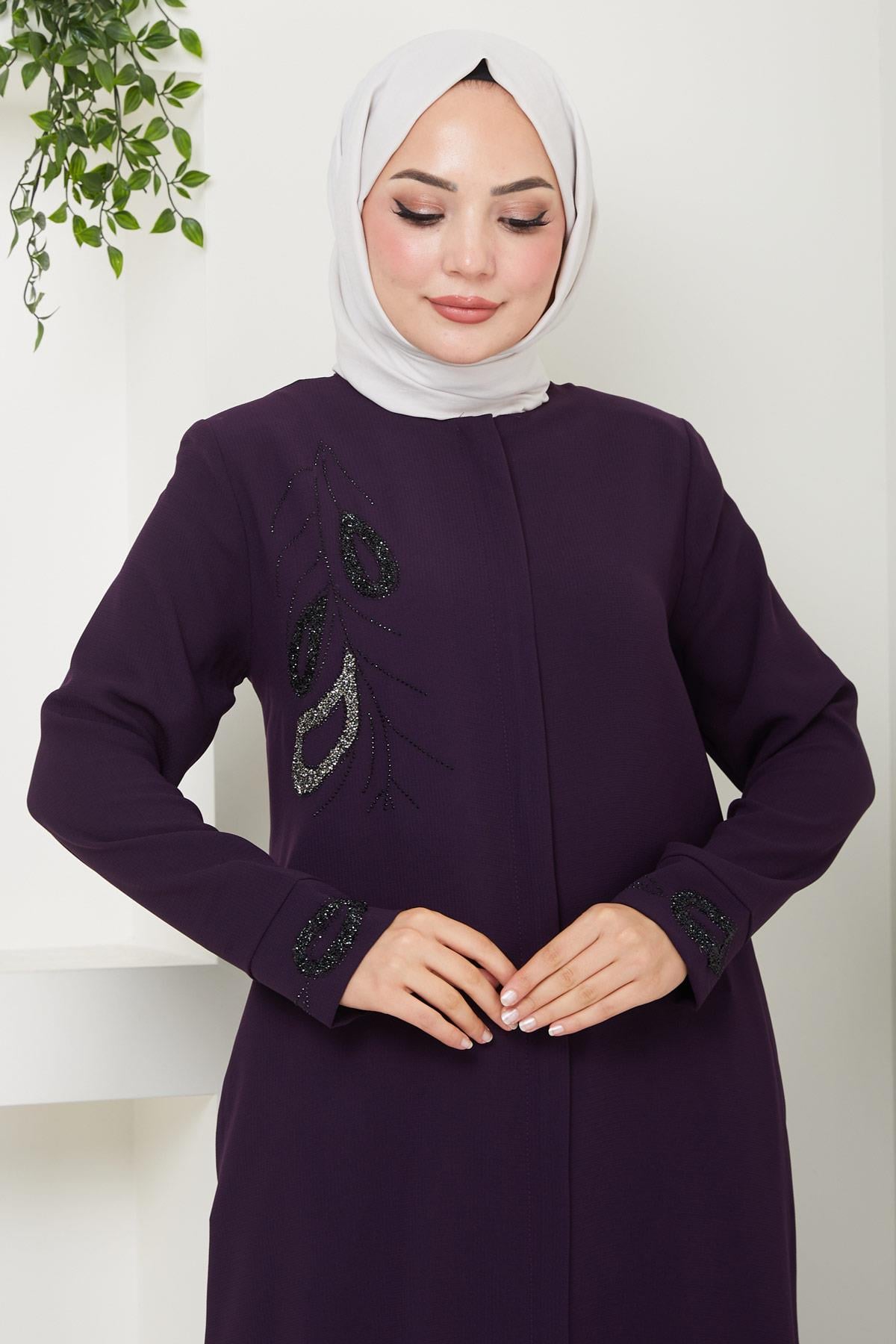 Hüma Taş Detaylı Ferace Mürdüm HM2479