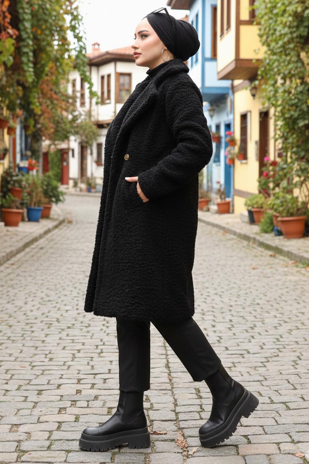 İki Düğmeli Peluş Mont Siyah HM262506