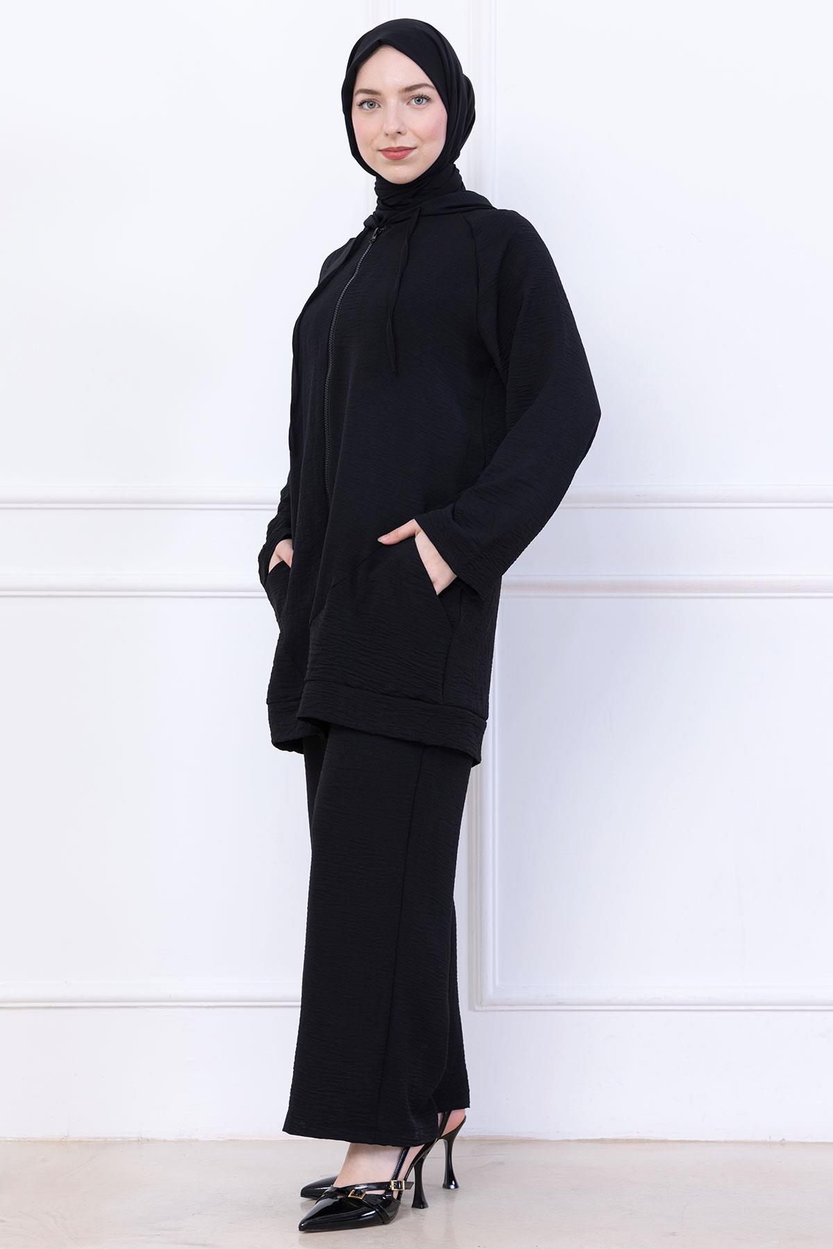 Kapüşonlu Kanguru Cepli Fermuarlı Ayrobin Takım Siyah HM2731
