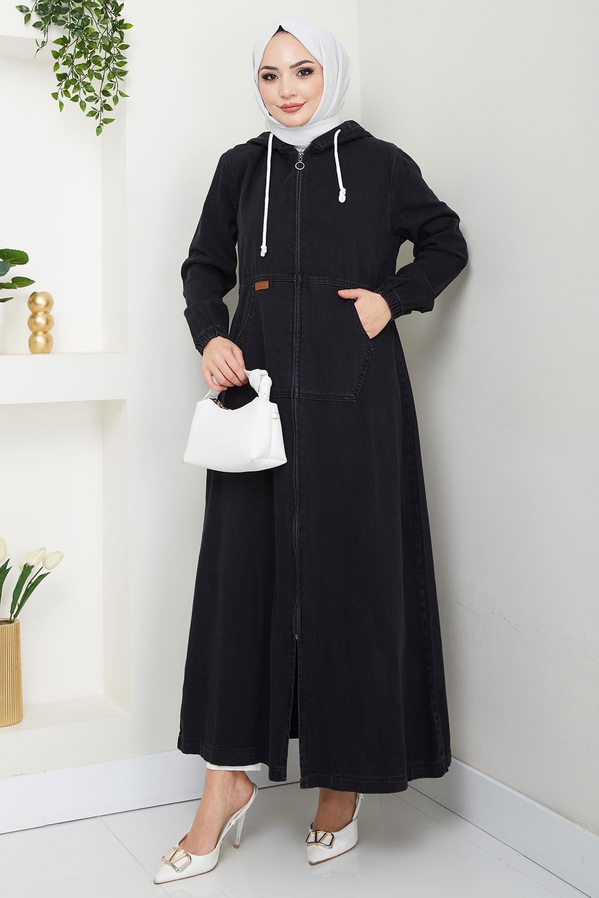 Kapüşonlu Kanguru Cepli Fermuarlı Kot Kap Siyah HM2674