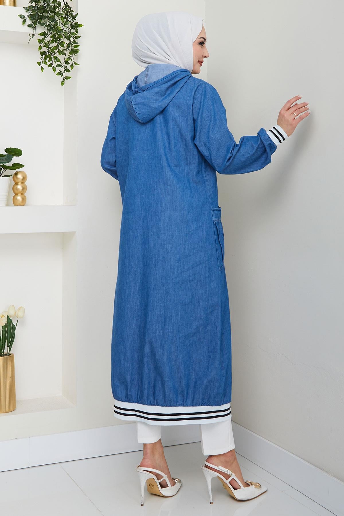 Kapüşonlu Ribanalı Kot Kap Açık Mavi HM2691