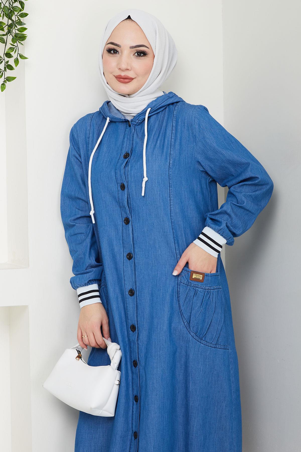 Kapüşonlu Ribanalı Kot Kap Açık Mavi HM2691