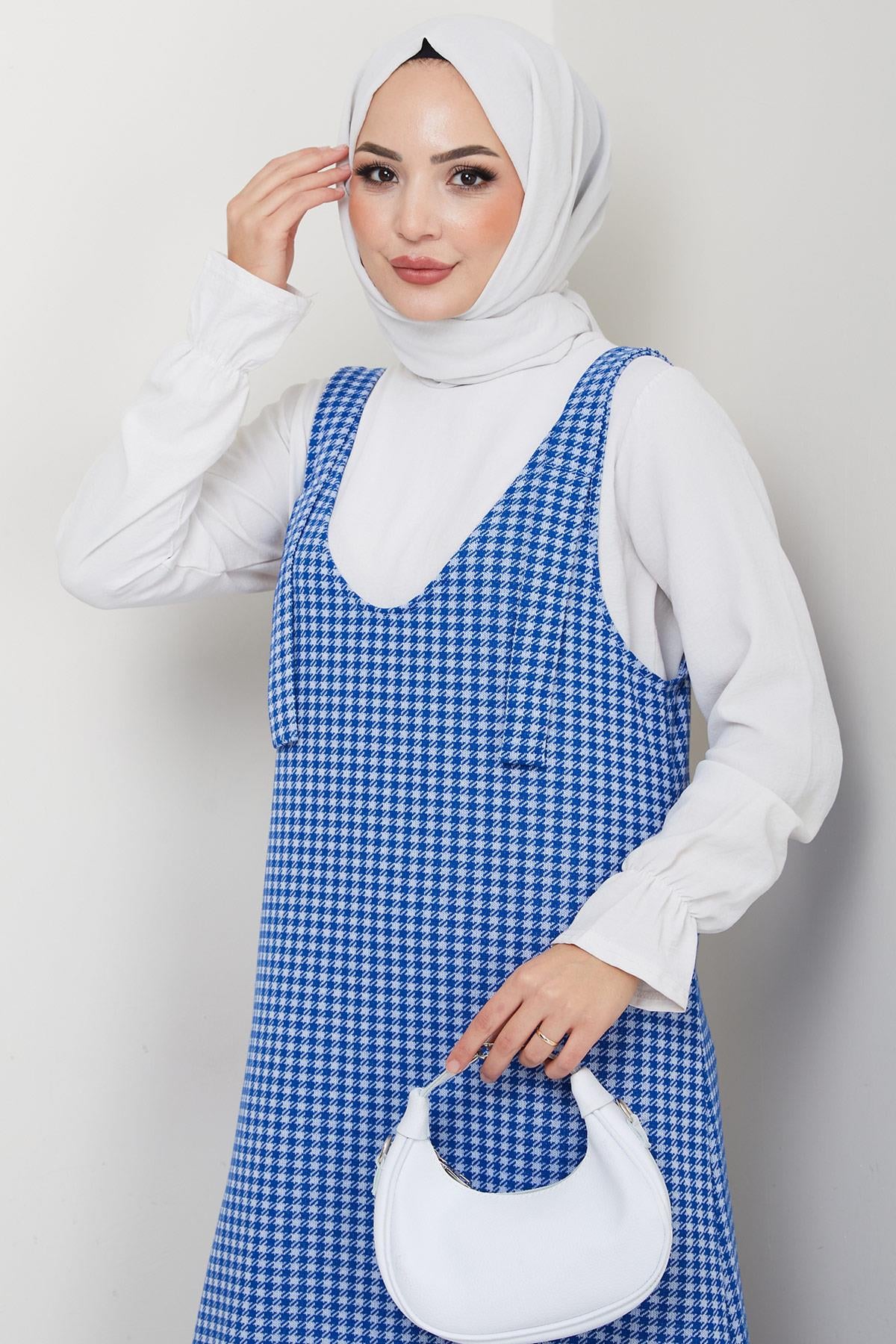 Kaz Ayağı Desen Jile Elbise Mavi HM2865