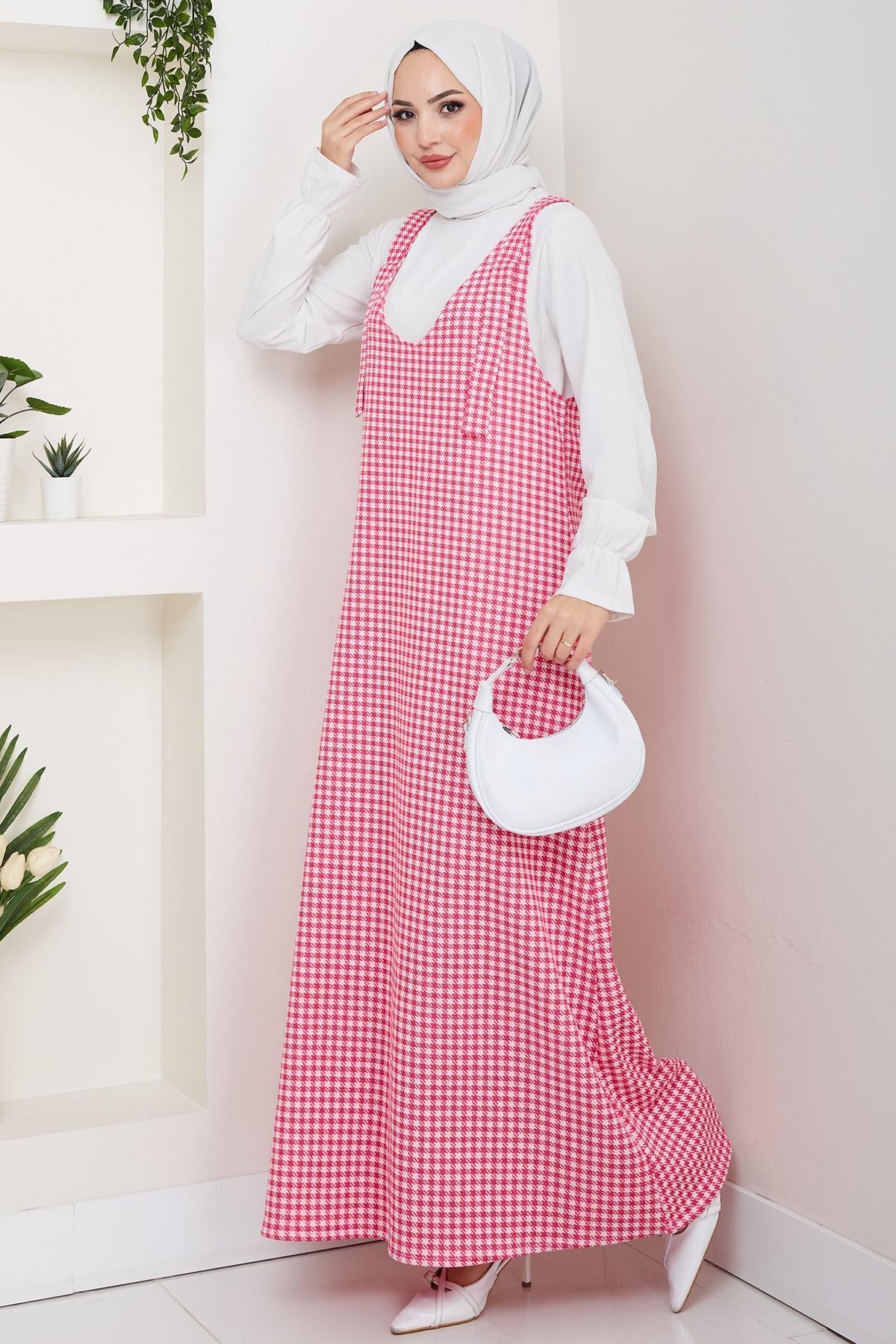 Kaz Ayağı Desen Jile Elbise Pembe HM2865