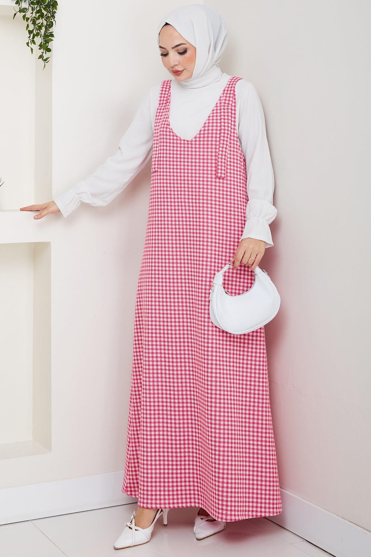 Kaz Ayağı Desen Jile Elbise Pembe HM2865