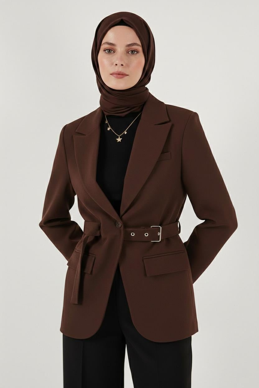 Kemerli Blazer Ceket Kahverengi HM262697