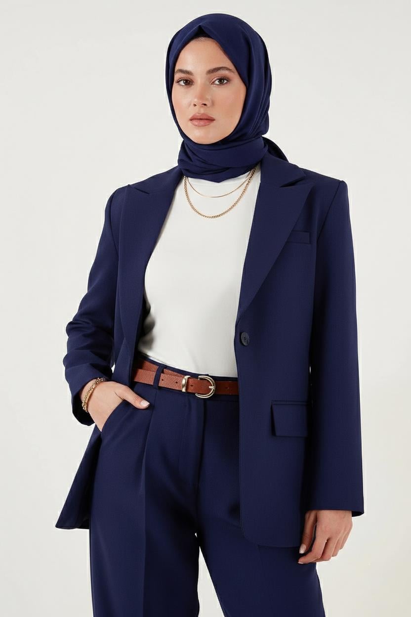 Kemerli Blazer Ceket Lacivert HM262697