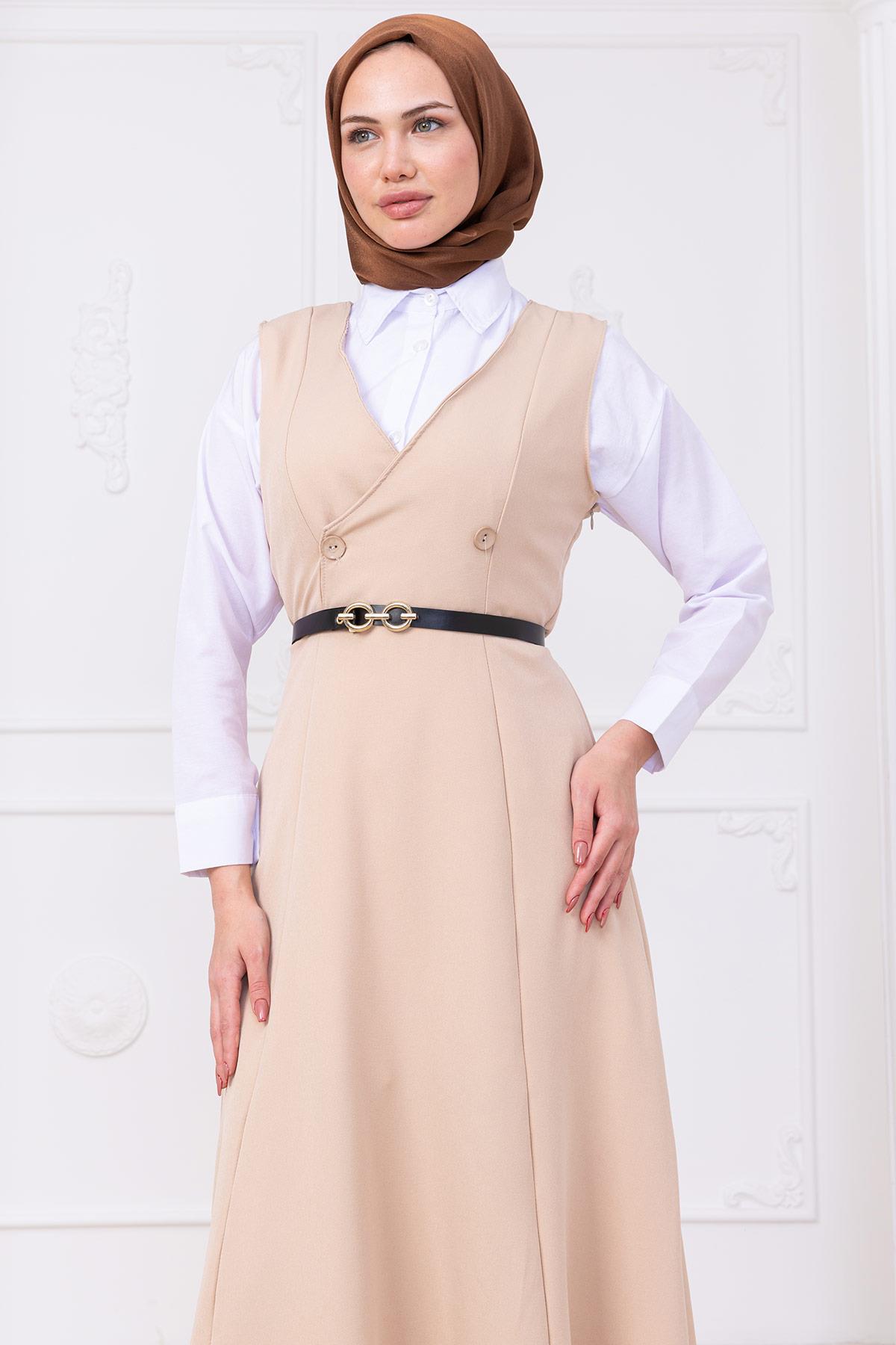Kemerli Düğmeli Jile Bej HM2741