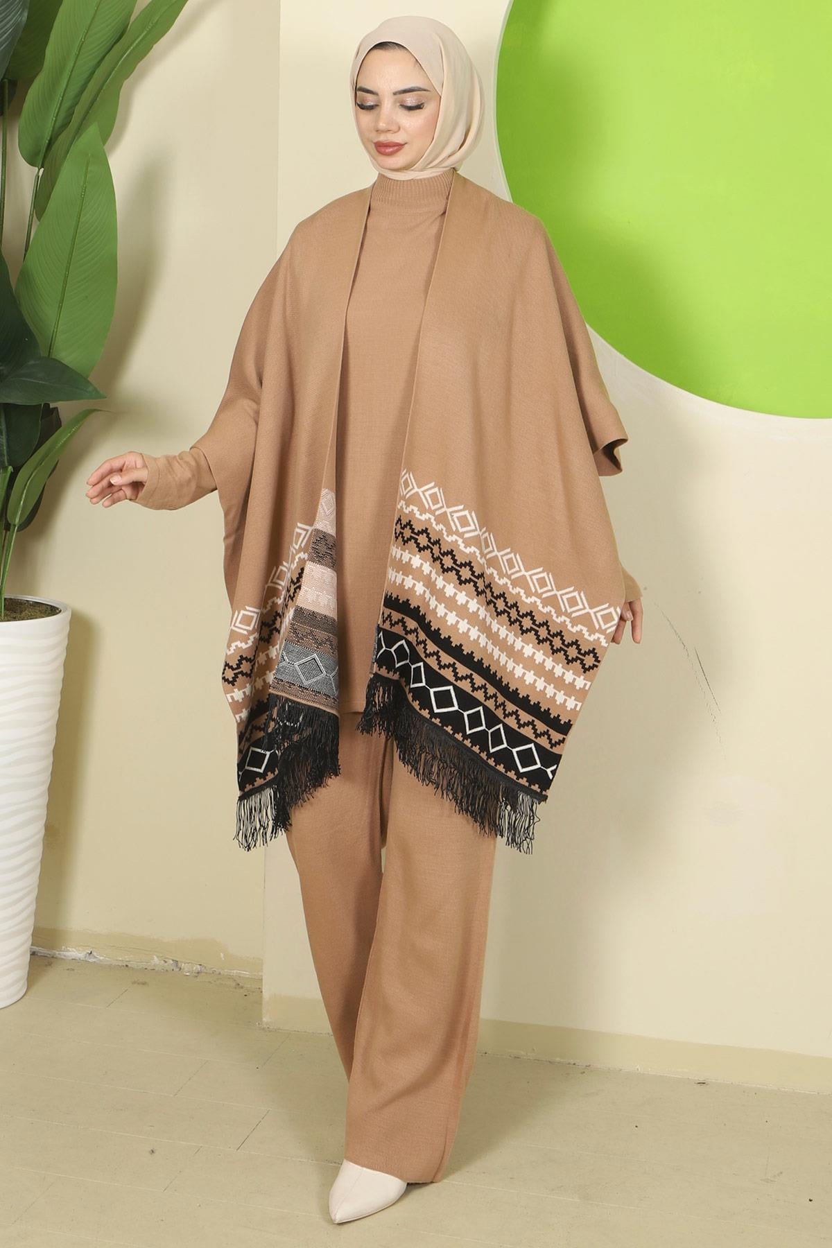 Kilim Desen Pançolu Üçlü Triko Takım Camel HM2816