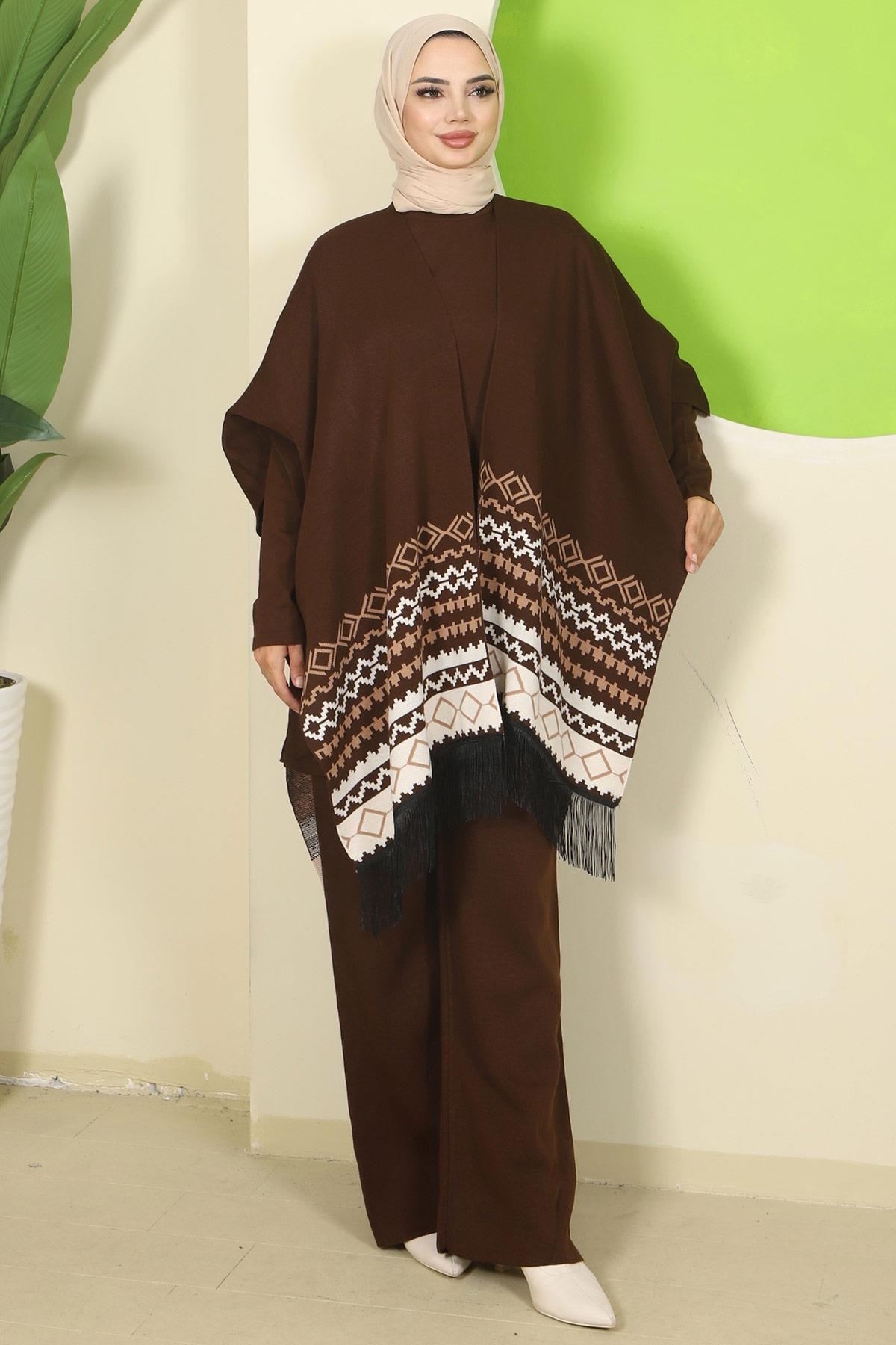 Kilim Desen Pançolu Üçlü Triko Takım Kahverengi HM2816