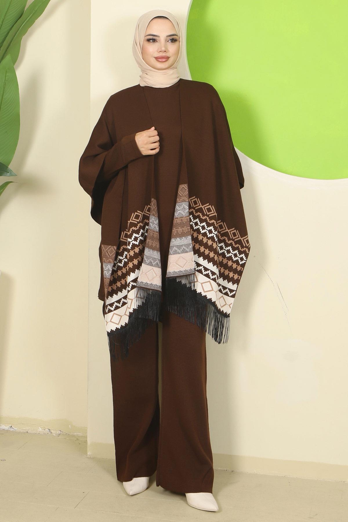 Kilim Desen Pançolu Üçlü Triko Takım Kahverengi HM2816