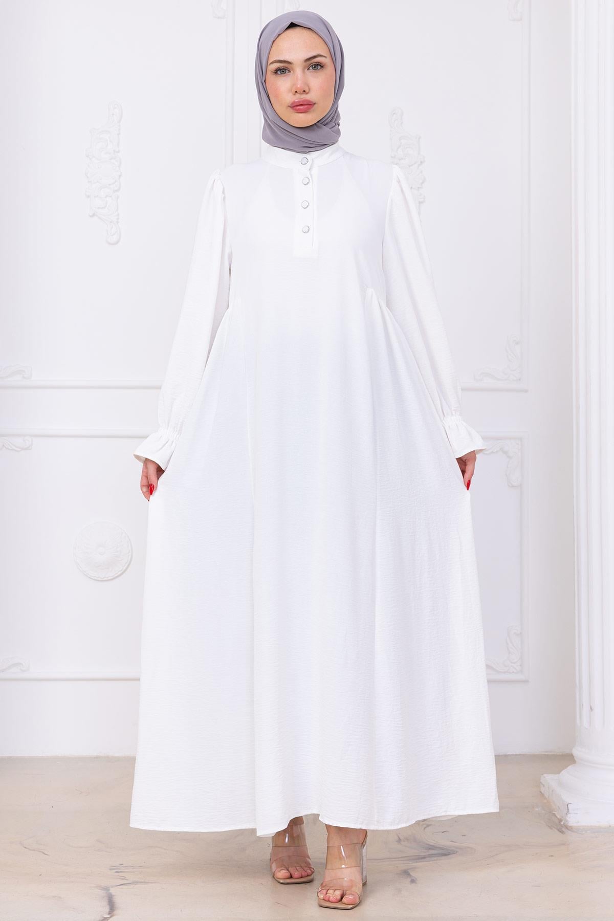 Kolları Lastikli Eva Tesettür Elbise Beyaz HM2758