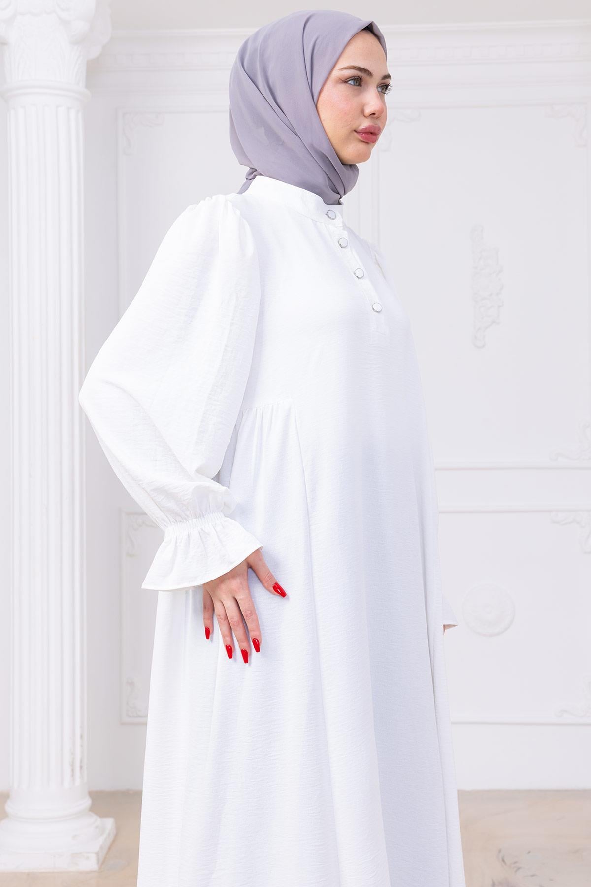 Kolları Lastikli Eva Tesettür Elbise Beyaz HM2758