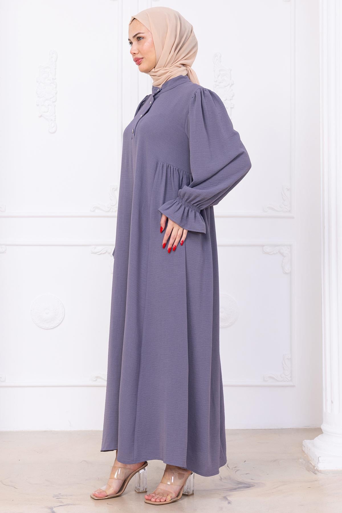 Kolları Lastikli Eva Tesettür Elbise Gri HM2758