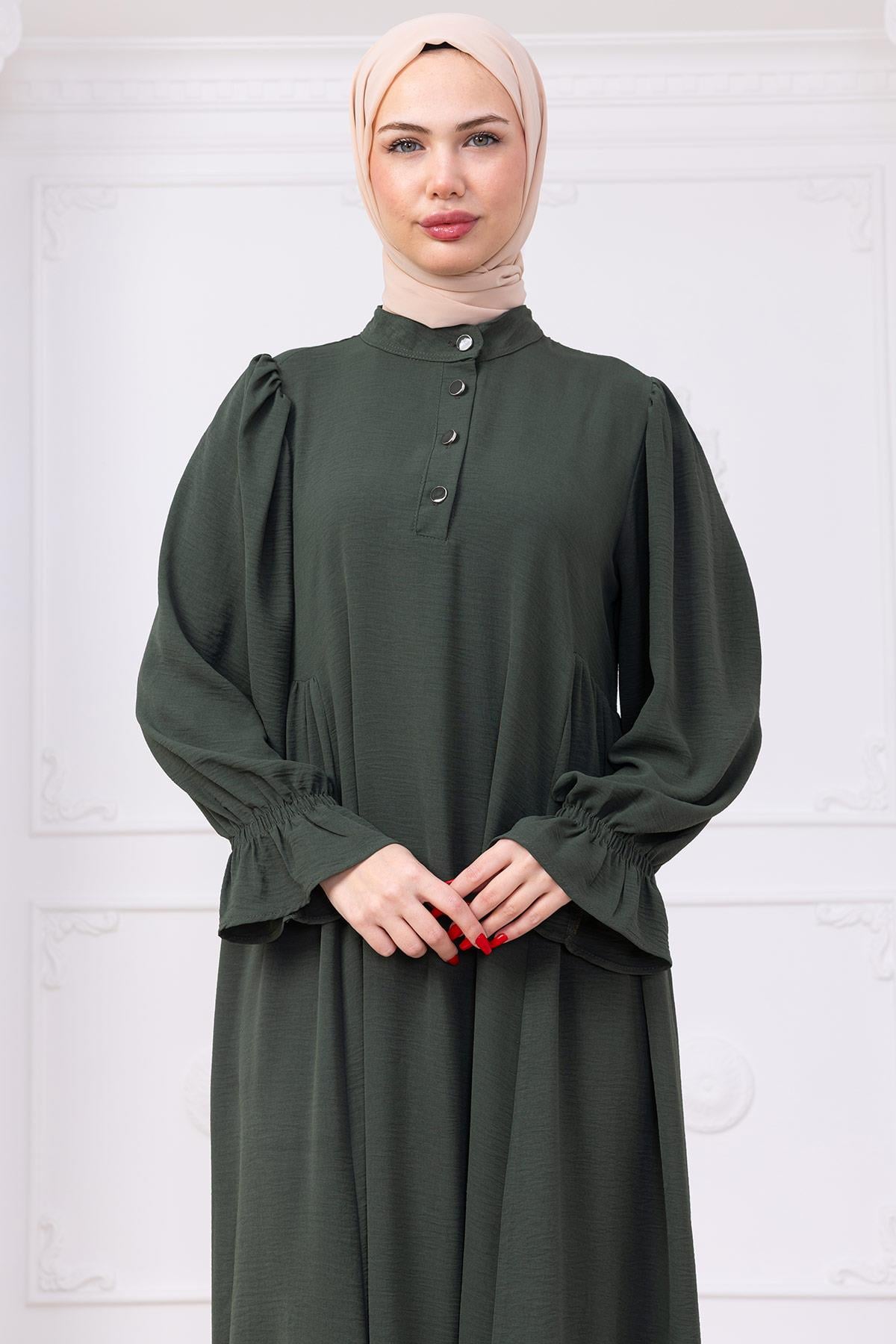 Kolları Lastikli Eva Tesettür Elbise Haki HM2758