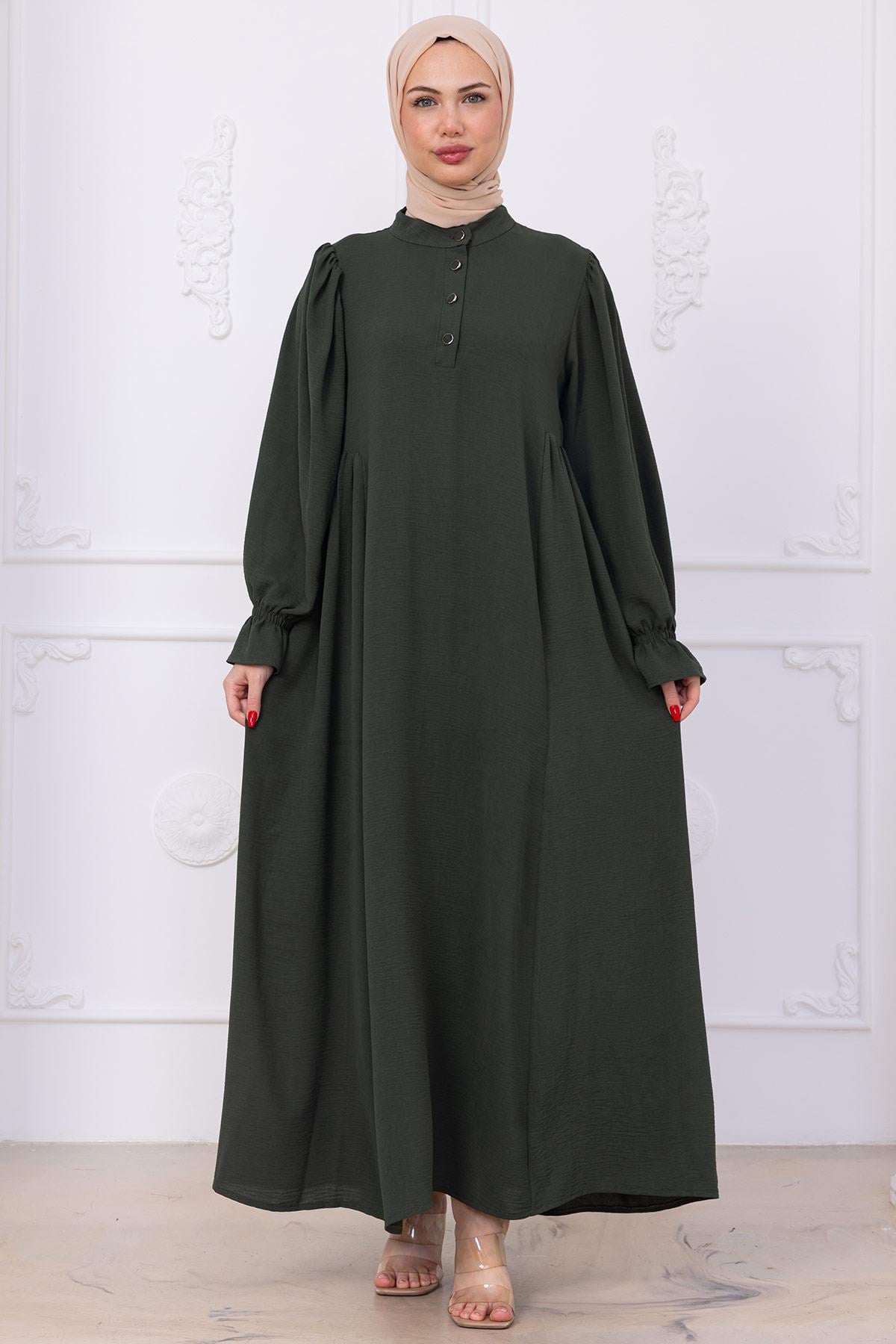 Kolları Lastikli Eva Tesettür Elbise Haki HM2758