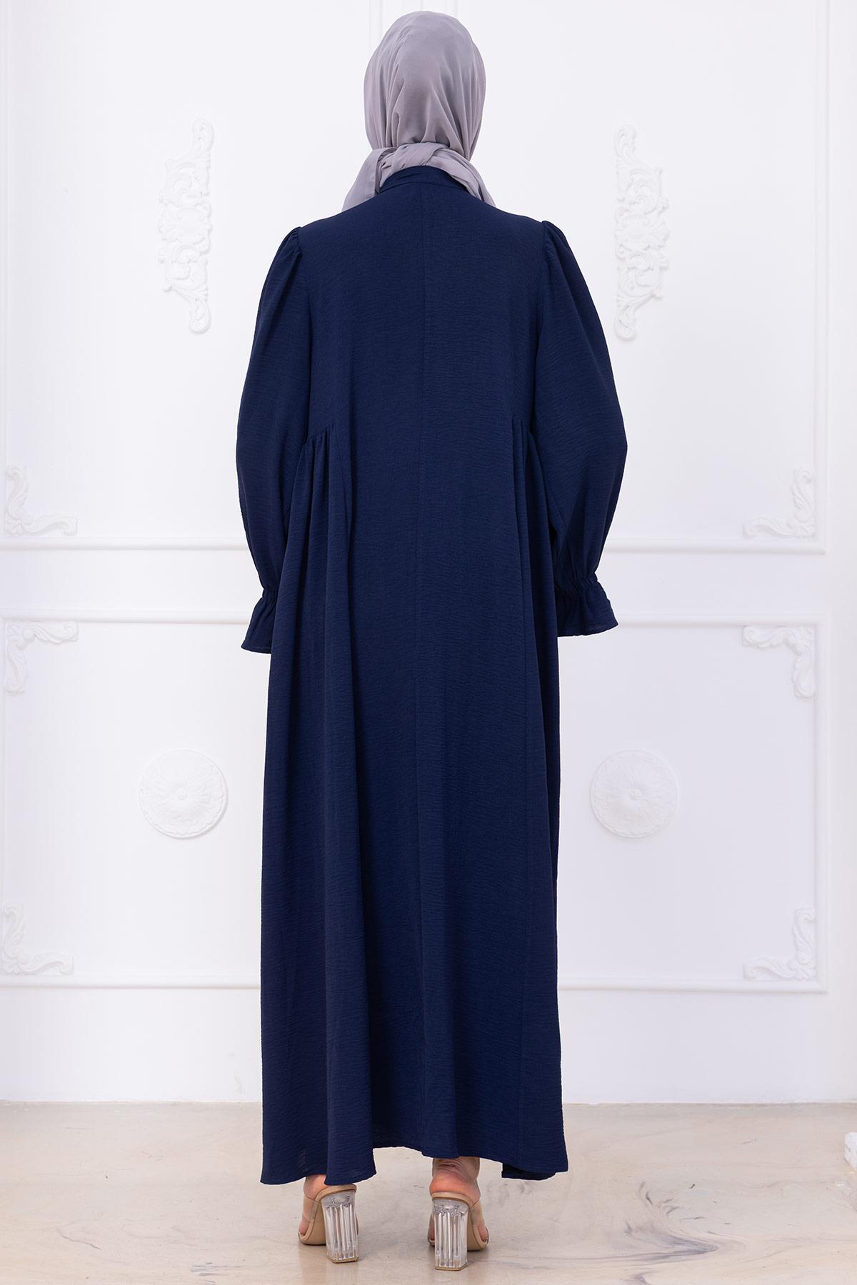 Kolları Lastikli Eva Tesettür Elbise Lacivert HM2758