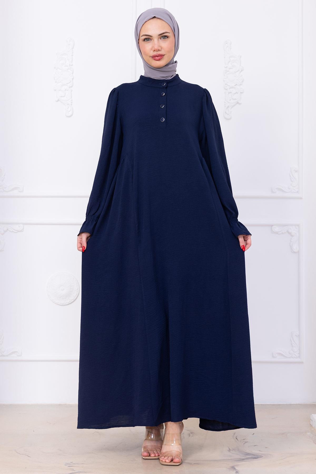 Kolları Lastikli Eva Tesettür Elbise Lacivert HM2758