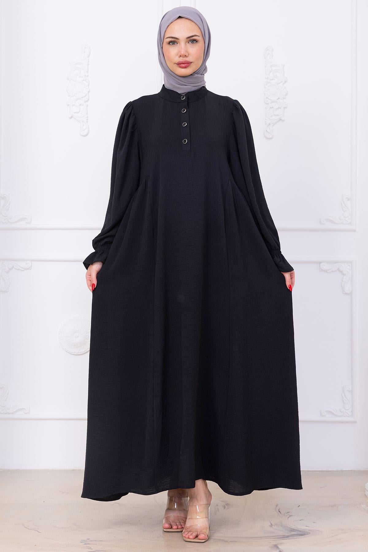 Kolları Lastikli Eva Tesettür Elbise Siyah HM2758