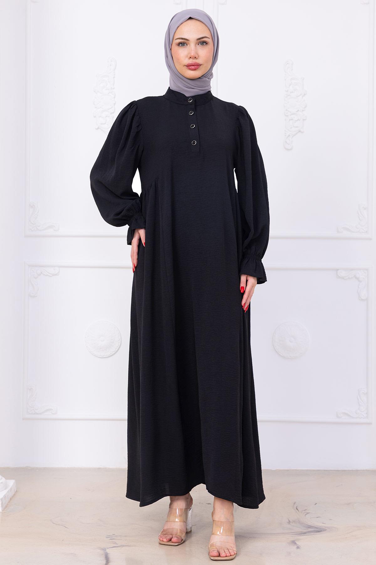 Kolları Lastikli Eva Tesettür Elbise Siyah HM2758