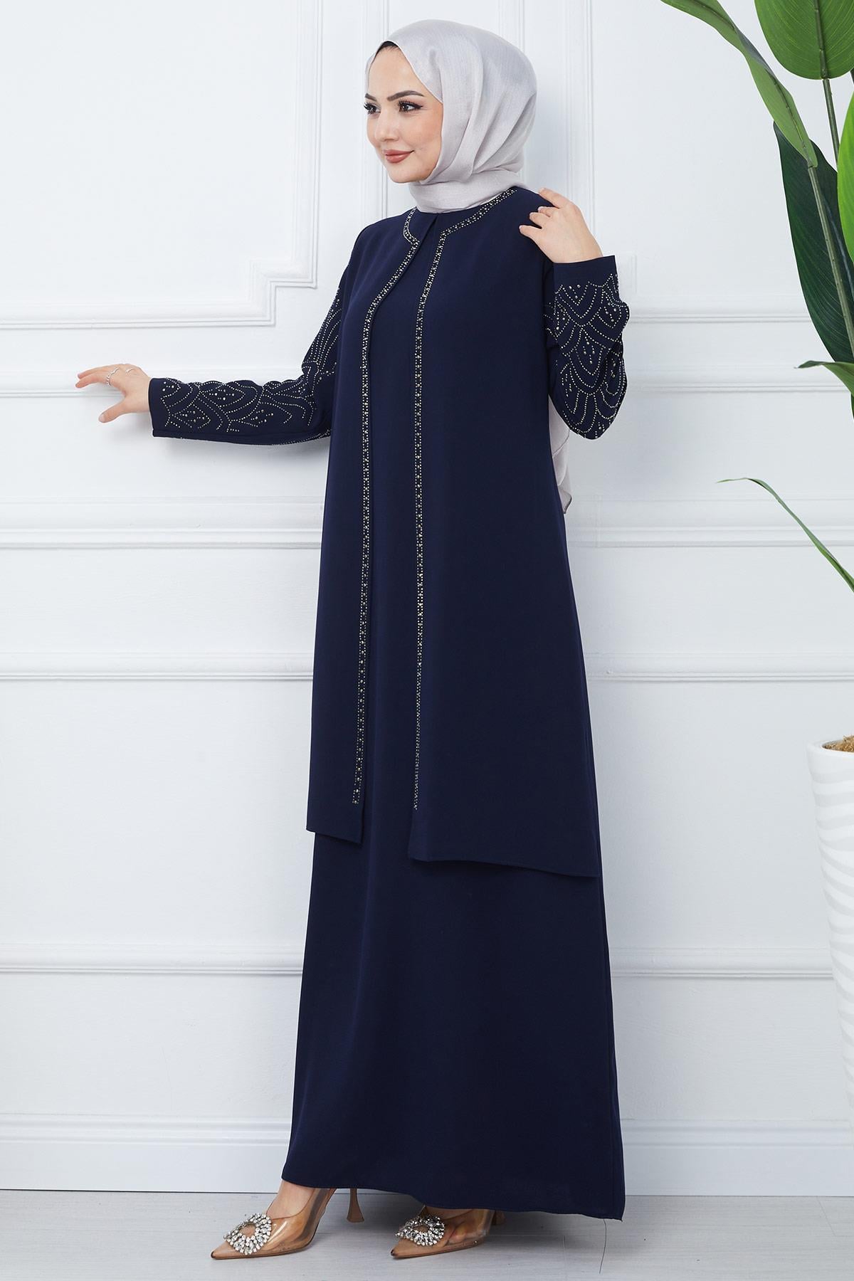 Kolları Taşlı Büyük Beden Anne Elbisesi Lacivert HM2349