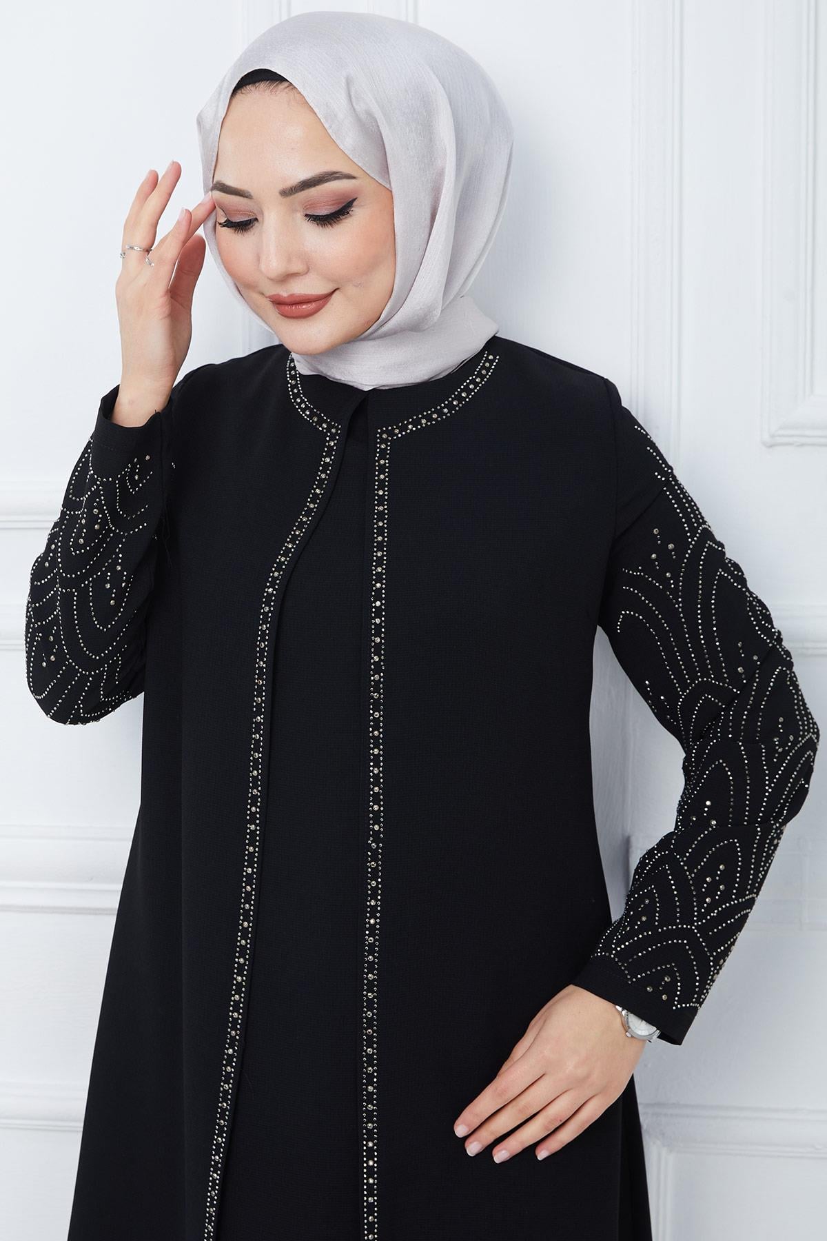 Kolları Taşlı Büyük Beden Anne Elbisesi Siyah HM2349
