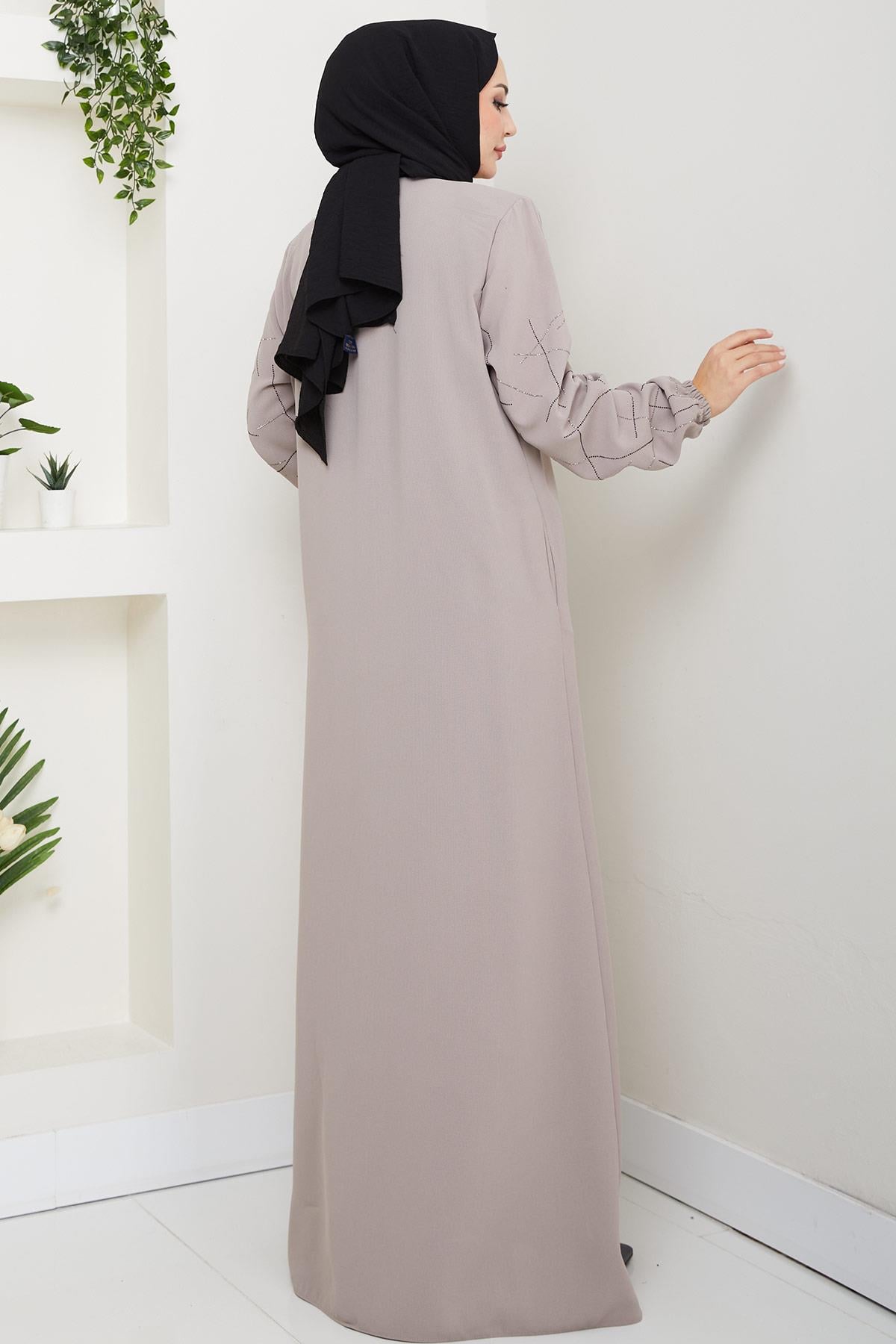 Kolları Taşlı Büyük Beden Ferace Bej HM2801