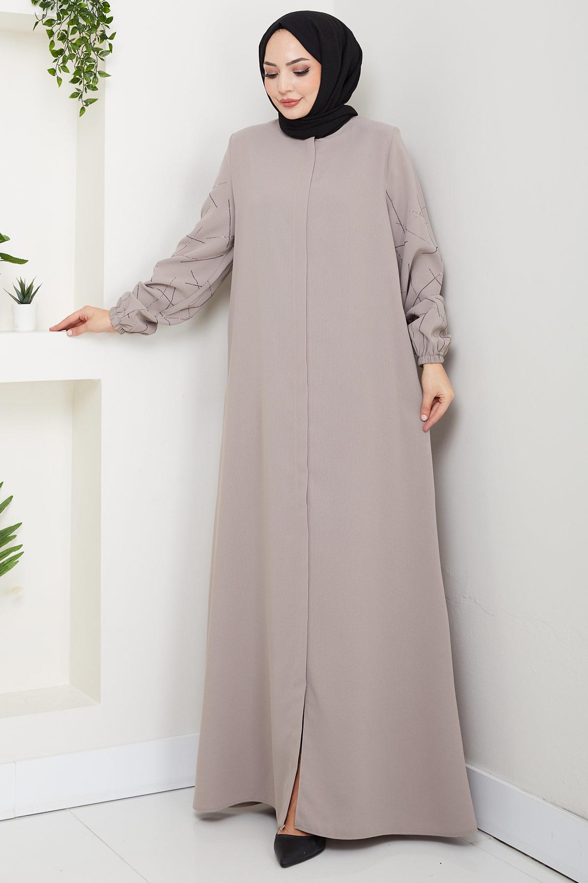 Kolları Taşlı Büyük Beden Ferace Bej HM2801