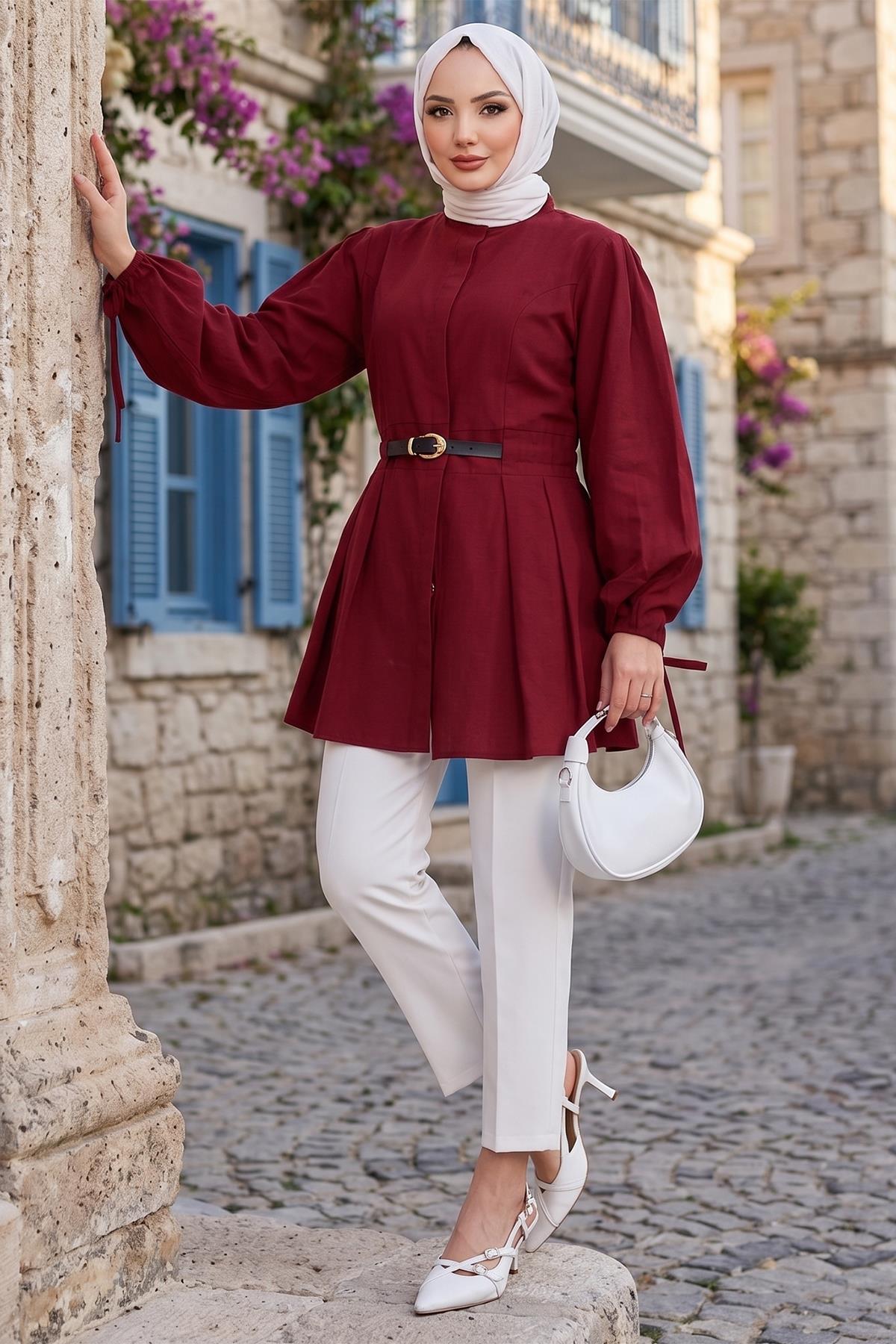 Kolu Bağlamalı Kemerli Tunik Bordo HM2920
