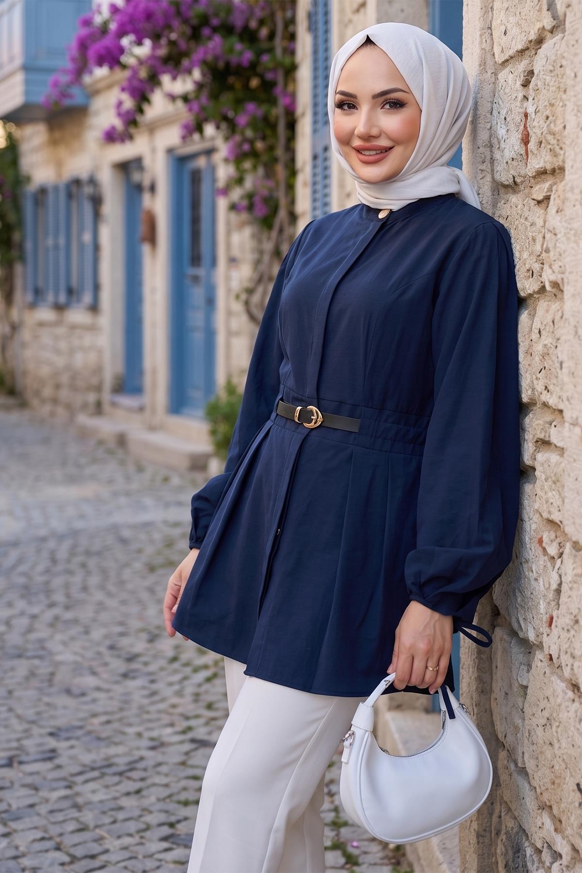 Kolu Bağlamalı Kemerli Tunik Lacivert HM2920