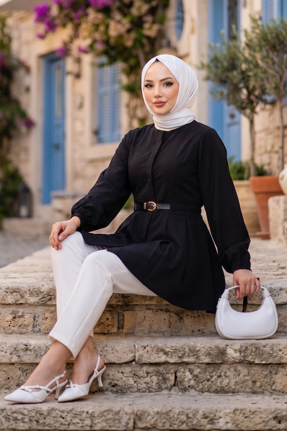 Kolu Bağlamalı Kemerli Tunik Siyah HM2920