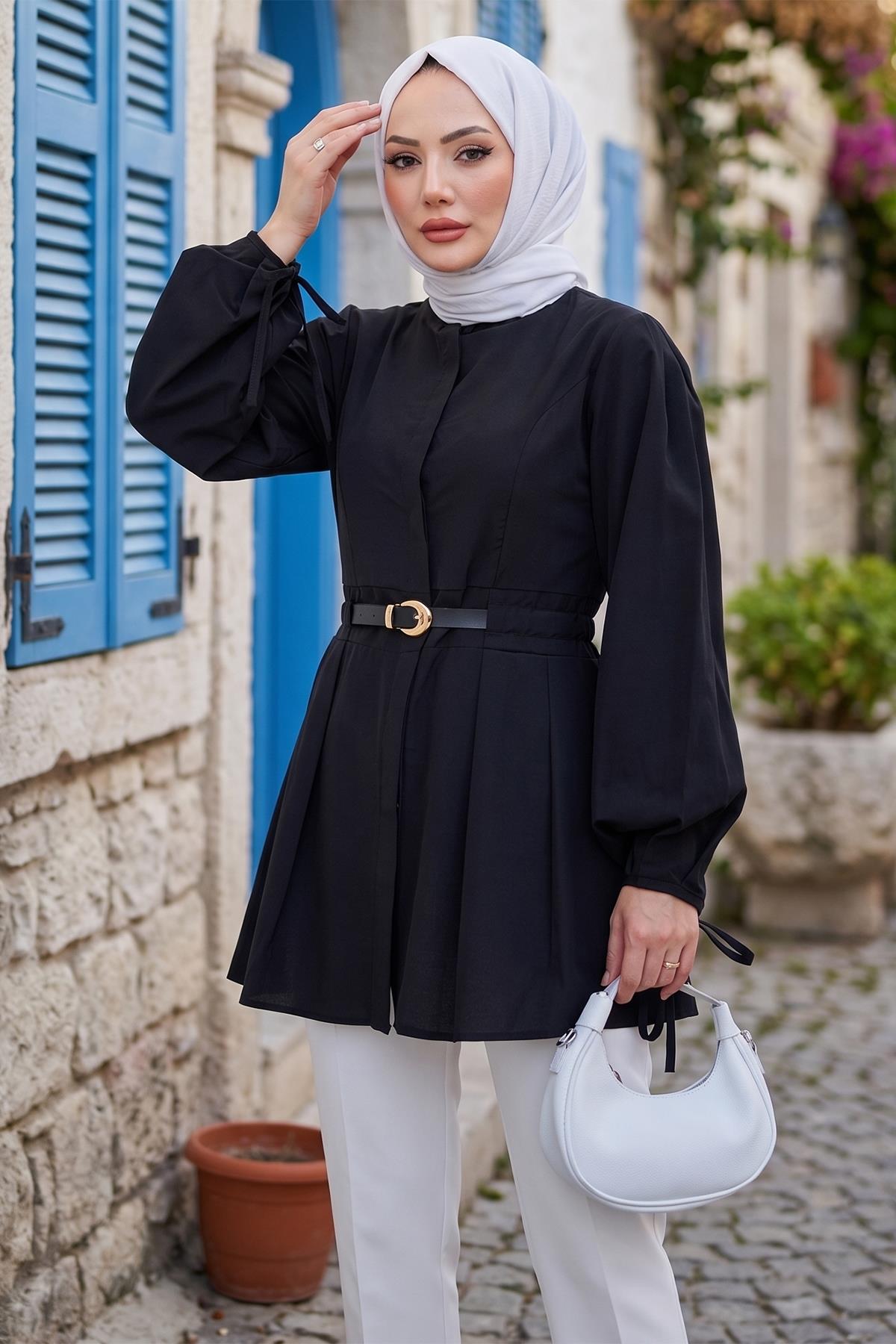 Kolu Bağlamalı Kemerli Tunik Siyah HM2920