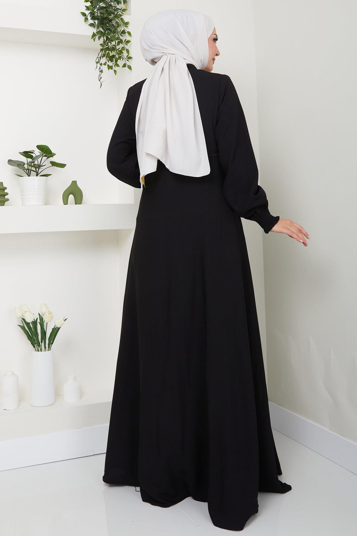 Kolu Gipeli Nakış Detaylı Mevlana Ferace Siyah HM2484