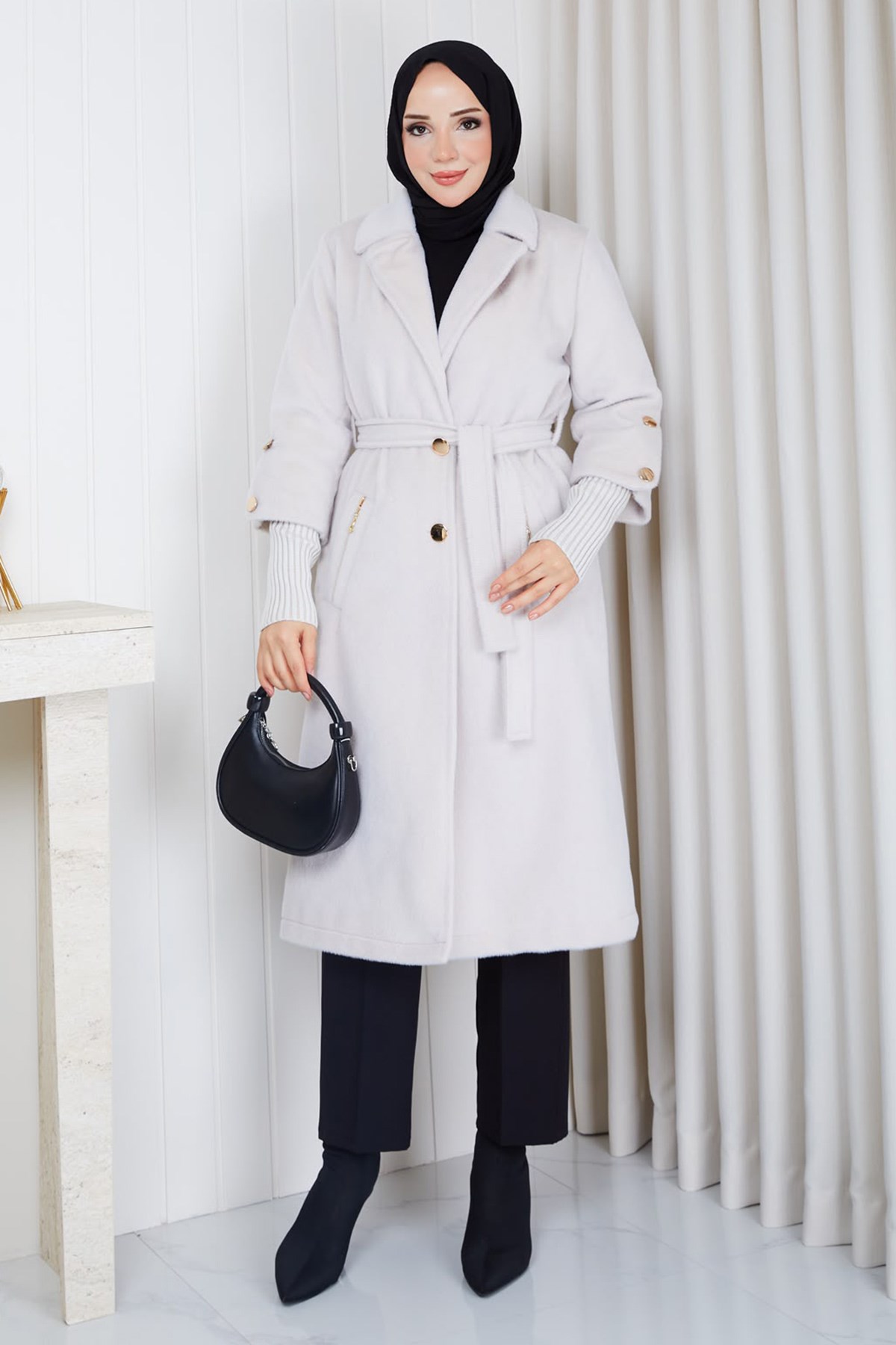 Kolu Ribanalı Kuşaklı Angora Kaban Krem HM2965