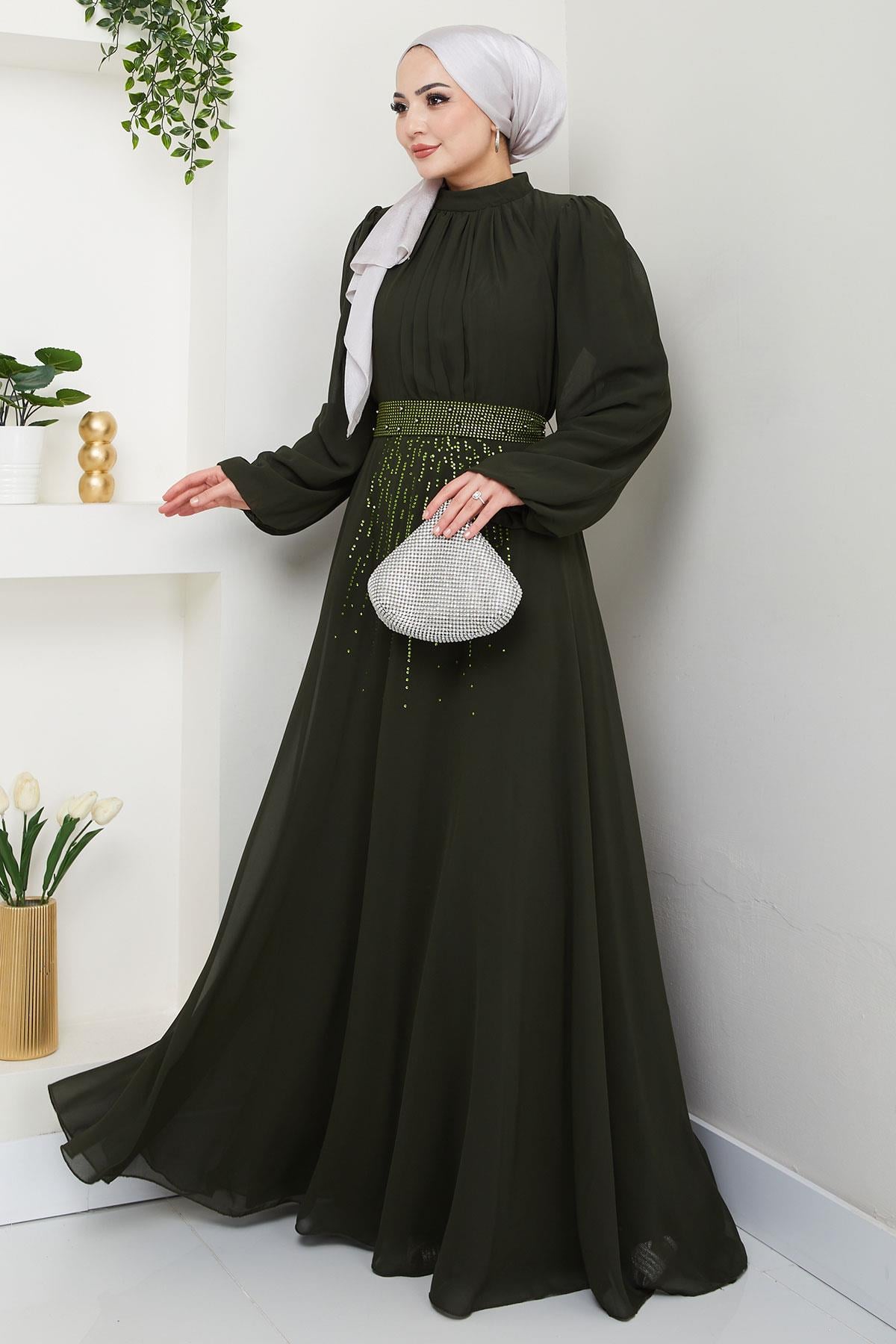 Kuşağı Taşlı Şifon Abiye Elbise Haki HM2668