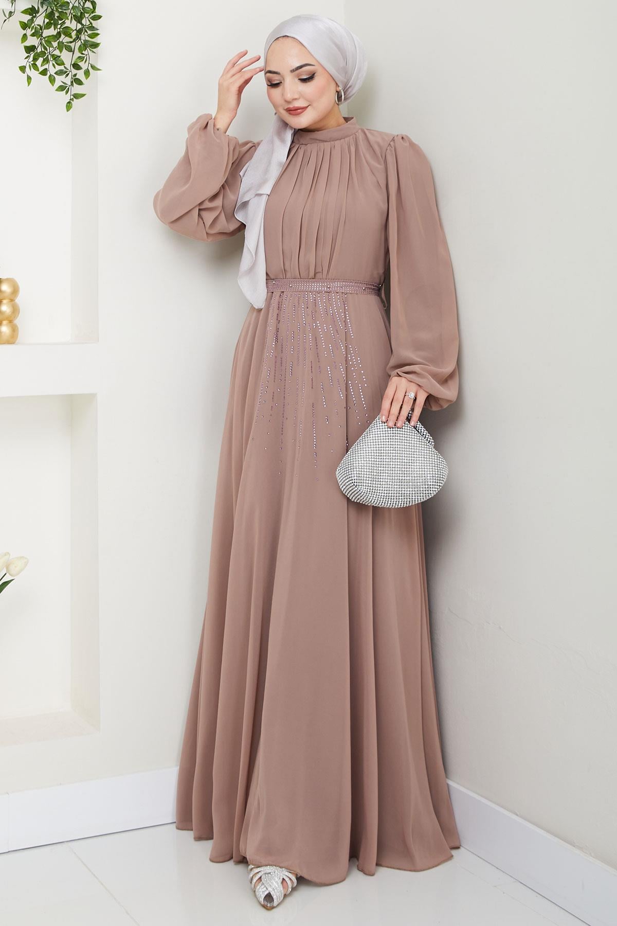 Kuşağı Taşlı Şifon Abiye Elbise Vizon HM2668