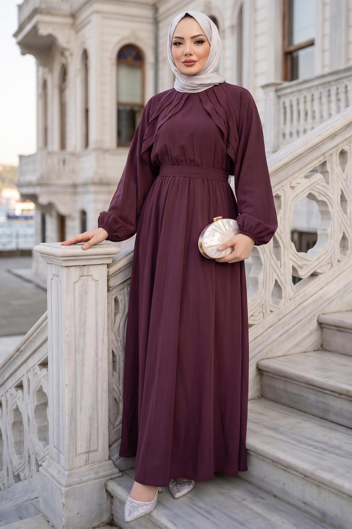 Kuşaklı Beli Lastikli Modal Elbise Bordo HM2916
