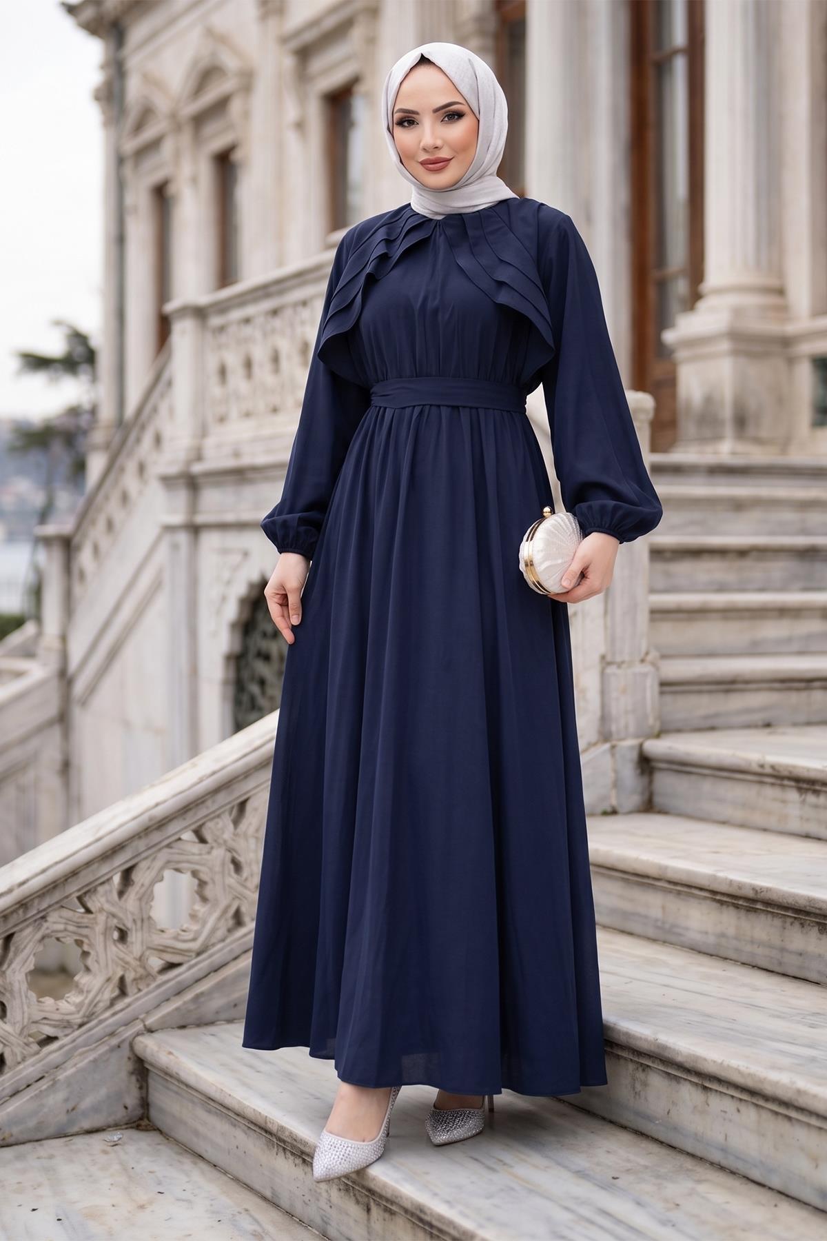 Kuşaklı Beli Lastikli Modal Elbise Lacivert HM2916