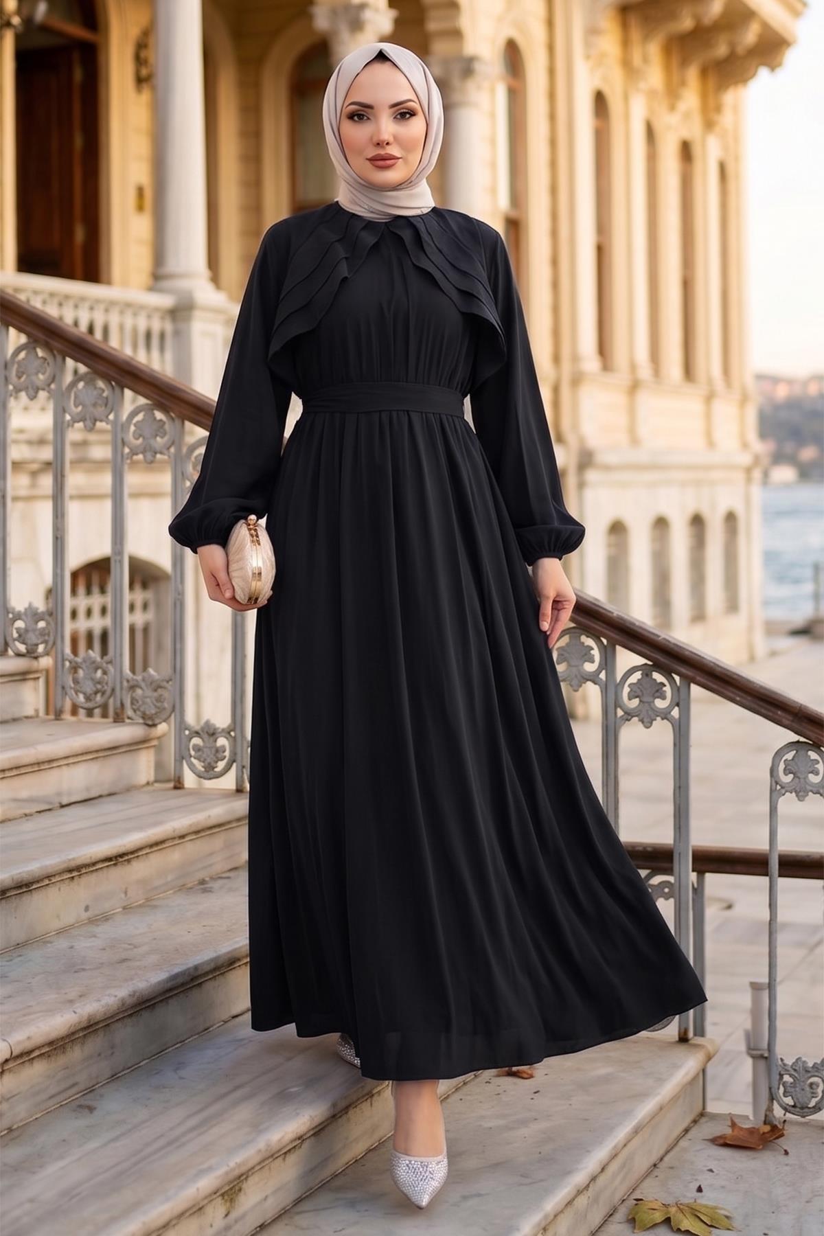Kuşaklı Beli Lastikli Modal Elbise Siyah HM2916