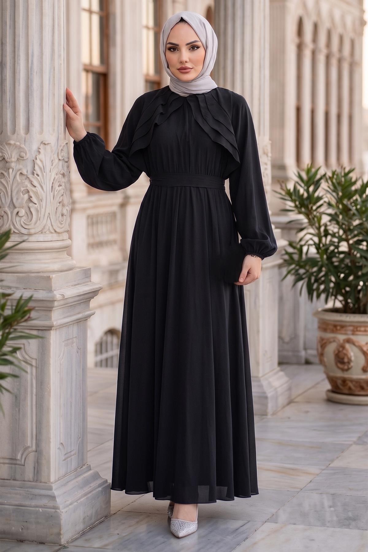 Kuşaklı Beli Lastikli Modal Elbise Siyah HM2916