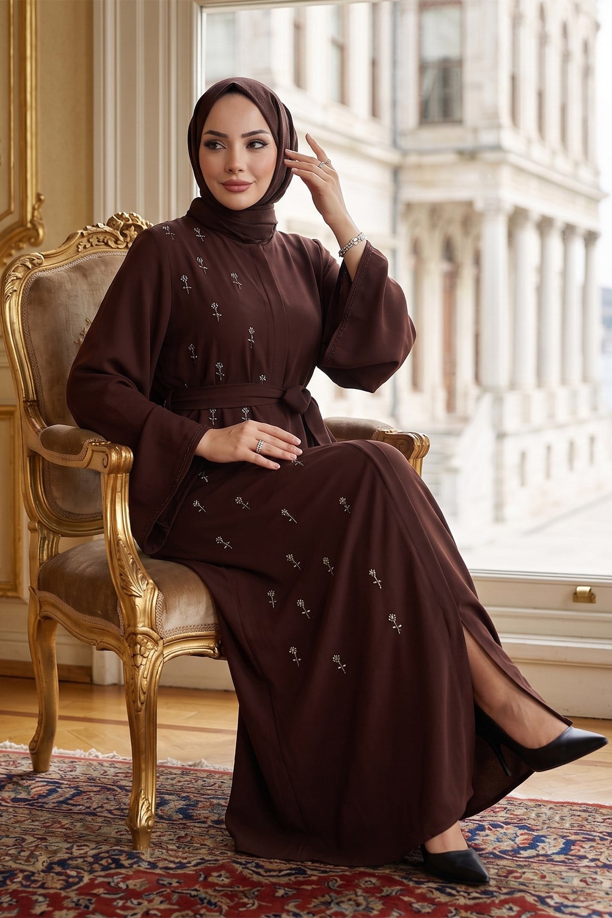 Kuşaklı Çiçek Taşlı Ferace Kahverengi HM2853