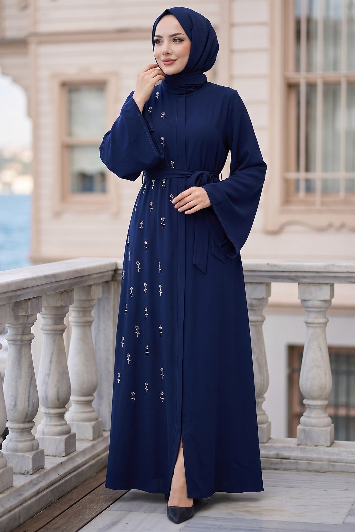 Kuşaklı Çiçek Taşlı Ferace Lacivert HM2853
